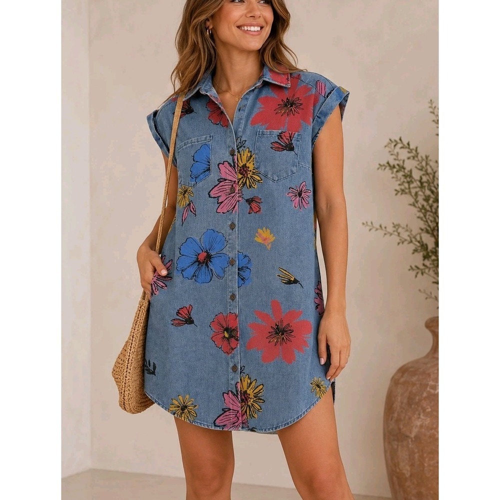 She + Sky Chambray Denim Floral Shirt Dress Button Front Tunic Boho Size L - Picture 1 of 10